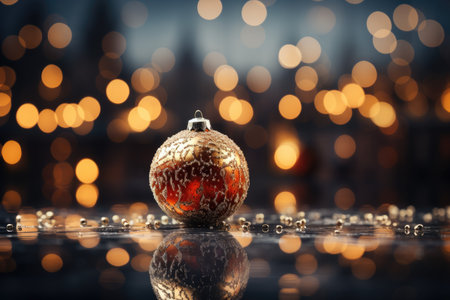 Christmas and New Year holidays background with golden bauble and bokeh lightsの素材
