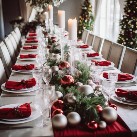 Festive table setting with red and white Christmas ornaments and candlesの素材