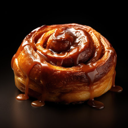 Sweet cinnamon bun with chocolate syrup on a black background, closeupの素材