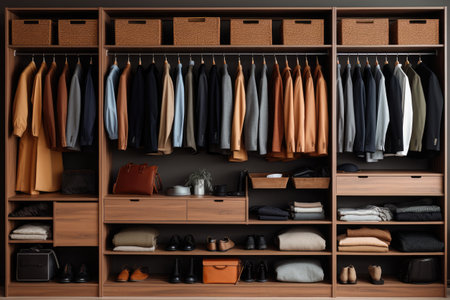 Closet with different clothes and accessories in modern dressing room interiorの素材