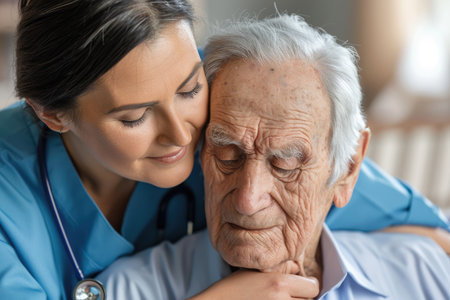 Nurse comforting senior man at nursing home. Focus on senior manの素材