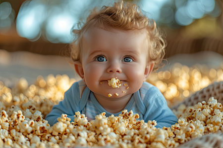 Cute baby boy with blue eyes eating popcorn. Selective focus.の素材