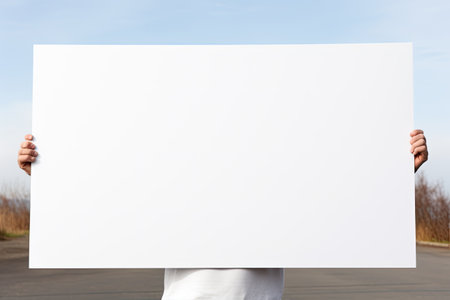 Woman holding a blank white sheet of paper in front of her faceの素材