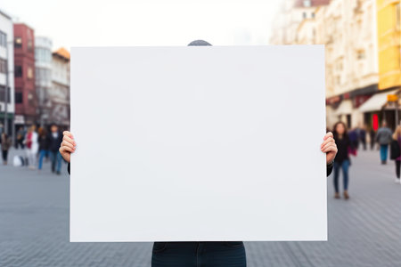 Young woman holding a blank white poster in front of her face.の素材
