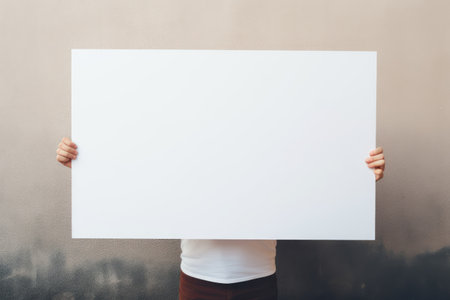 Woman holding a blank white poster. Mock up. Copy space.の素材