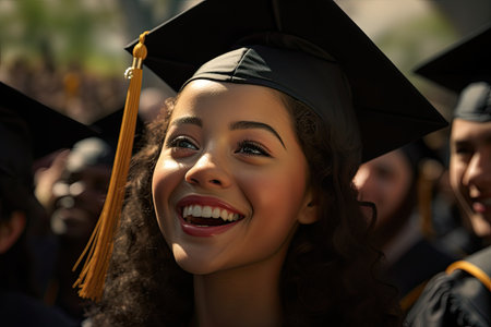 Close-up portrait of a happy female graduate in cap and gownの素材