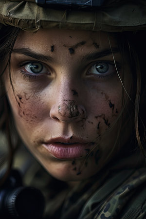 Portrait of a beautiful girl in a military uniform with dirty face.の素材