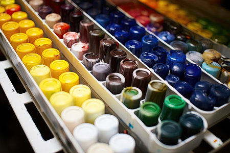 Colorful watercolor paints on a palette in a paint shop.の素材