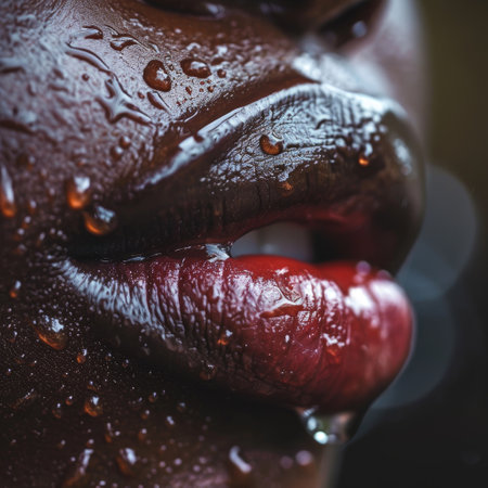 Close up of beautiful black woman's lips with drops of water.の素材