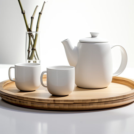 White ceramic teapot and cups on bamboo tray on white backgroundの素材