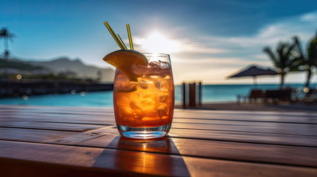 Cocktail on a wooden table on the background of the seaの素材