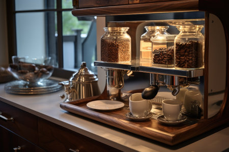 Coffee machine with coffee beans and cup on table in cafeの素材