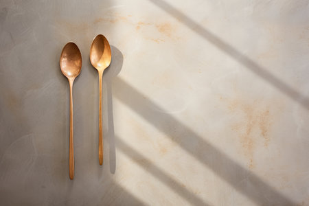 Two wooden spoons on a beige background with shadows from the window.の素材