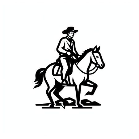 Retro style illustration of a man riding a horse viewed from side on isolated background done in black and white.の素材