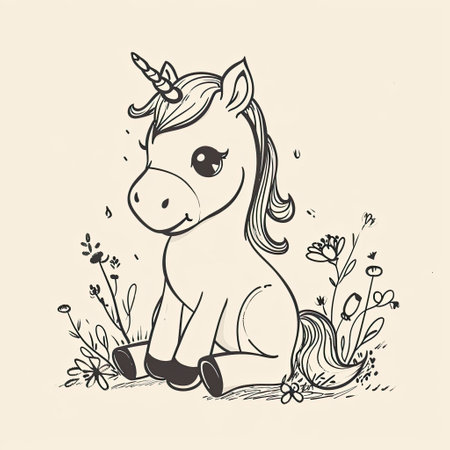 Cute hand drawn unicorn with flowers. Vector illustration in sketch style.の素材