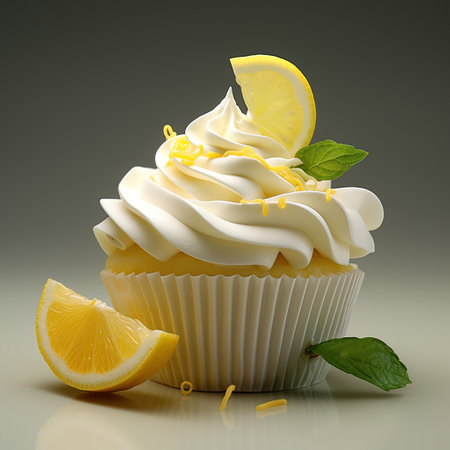 Lemon cupcake with lemon and mint leaves on a gray backgroundの素材