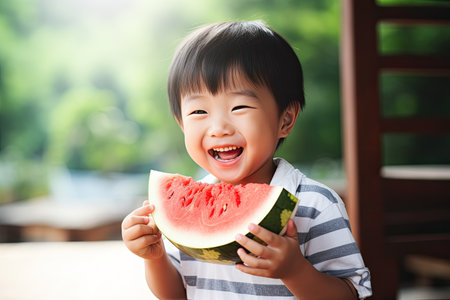 Happy asian boy eating watermelon in the garden, healthy food conceptの素材