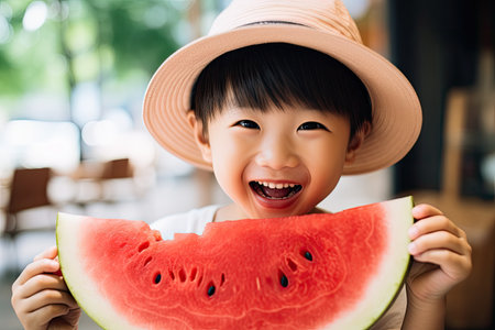 happy asian child eating watermelon, summer vacation conceptの素材
