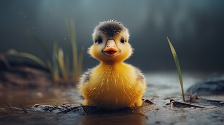Cute duckling swimming in the lake. 3d rendering.の素材