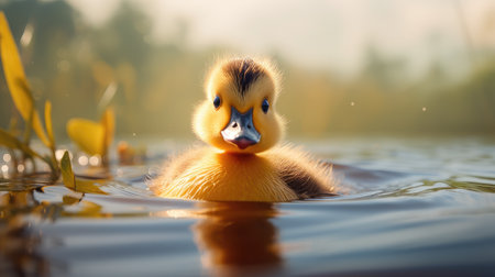 Duckling swimming on the lake in the morning. Close-upの素材