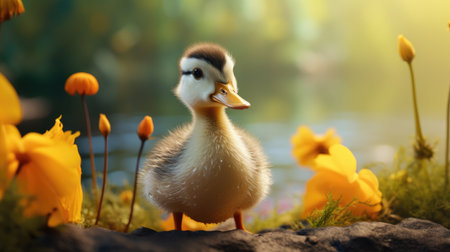 Little cute duckling standing on the grass with yellow flowers in the garden.の素材