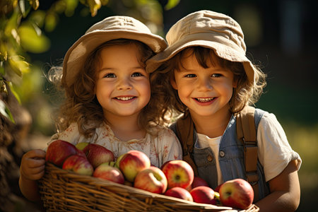 Two cute little kids, boy and girl, picking apples in the orchardの素材