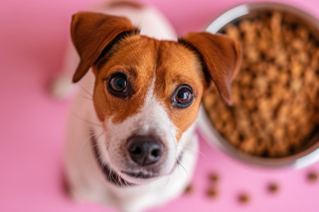 Jack russell terrier dog with bowl of dry food on pink backgroundの素材