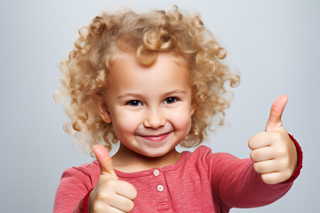 Portrait of a cute little girl showing thumbs up over gray backgroundの素材