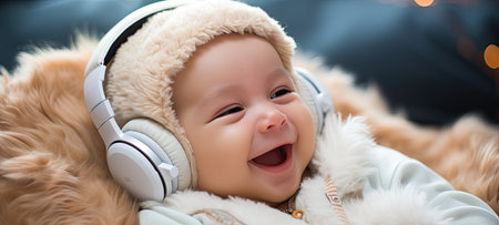 Newborn baby boy listening to music with headphones. Christmas concept.の素材