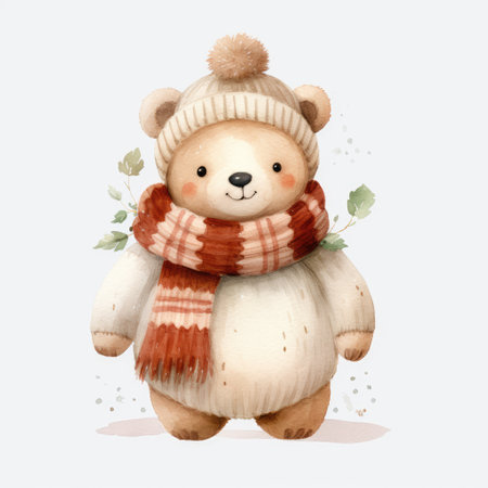 Watercolor teddy bear in a scarf and hat on a white backgroundの素材