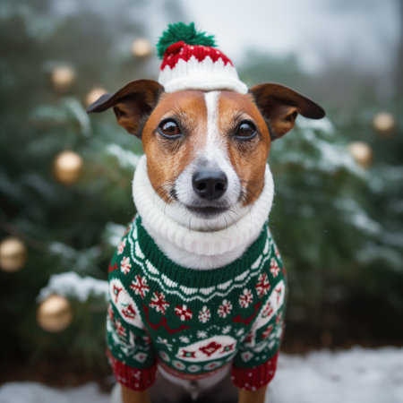 Funny dog in Christmas sweater and Santa hat near Christmas treeの素材