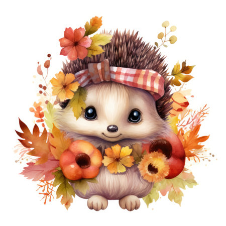 Cute hedgehog with autumn leaves. Watercolor illustration isolated on white background.の素材
