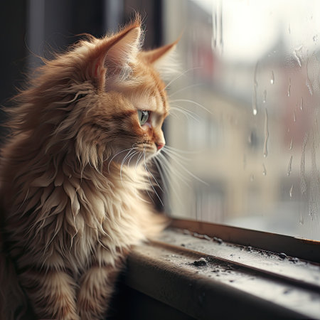 Beautiful ginger cat sitting on the window sill and looking at the rainの素材