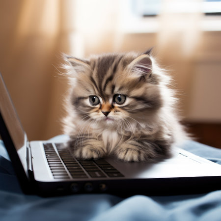 Cute Siberian kitten with laptop on a bed at homeの素材