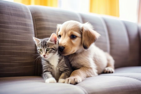 Golden retriever puppy and tabby kitten sitting together on sofa at homeの素材