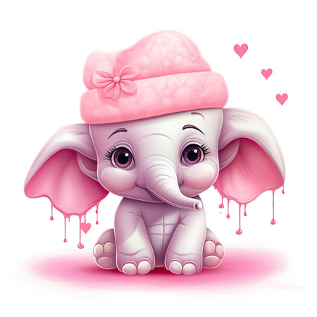 Cute baby elephant with pink hat and hearts. Vector illustration.の素材