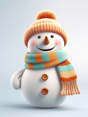 3d illustration of snowman with scarf and hat on white backgroundの素材