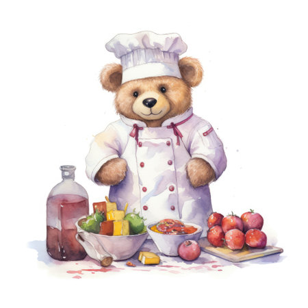 Watercolor illustration of a teddy bear in a chef's uniform.の素材