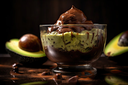 Avocado ice cream in a glass bowl on dark wooden background.の素材