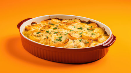 Potato gratin with cheese and parsley in baking dish on orange backgroundの素材