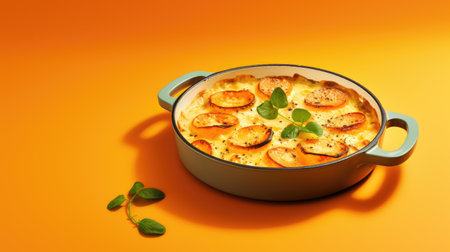 Potato casserole with spinach and ricotta on orange backgroundの素材