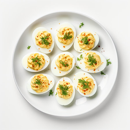 Stuffed deviled eggs with garlic and parsley on white plateの素材