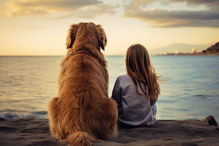 Mother and daughter sitting on the beach at sunset with golden retriever dogの素材