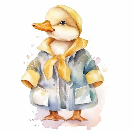 Watercolor illustration of a cute duckling in a raincoat.の素材