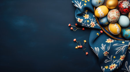 Easter eggs on a blue background, top view, copy spaceの素材