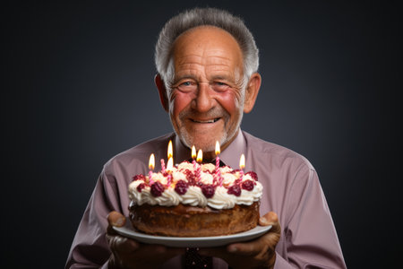 Elderly man with birthday cake and candles on a dark backgroundの素材