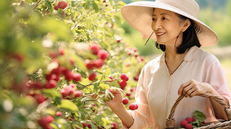 Happy senior woman picking raspberries in the garden, Asianの素材