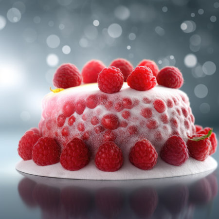 Birthday cake with raspberries on bokeh background.の素材