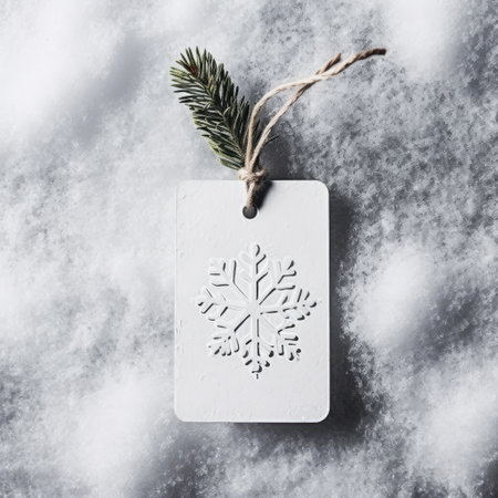 Christmas greeting card with white wooden snowflake on gray background. Copy space. Top view. Flat lay.の素材
