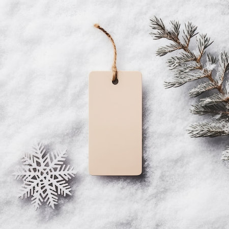 Christmas background with blank price tag on snow. Top view with copy spaceの素材